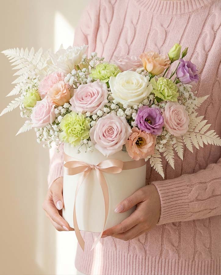 Wiosenny Ogród – Pastelowy flower box z różami, tulipanami i żonkilami